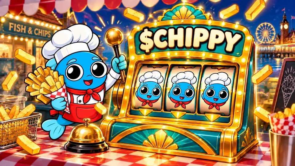 Chippy pulling the lever of a golden fruit machine with three matching Chippy symbols