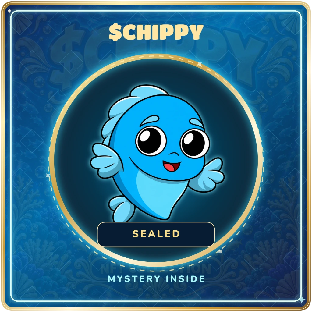 Glowing blue and gold Chippy card back with the sealed round Chippy mascot