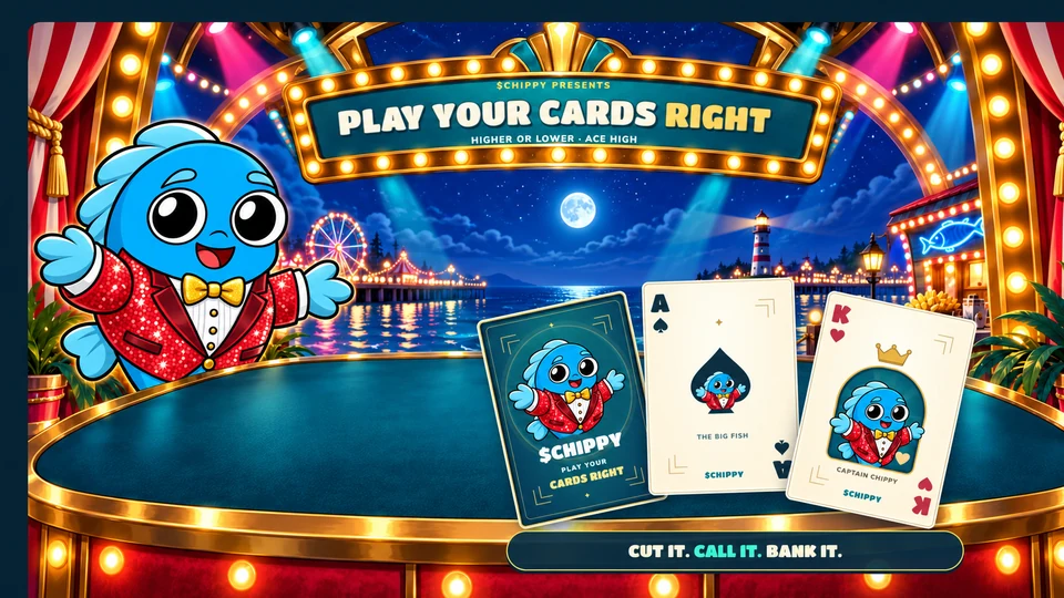 Chippy hosting Play Your Cards Right on a glowing seaside stage with a golden marquee and Chippy playing cards