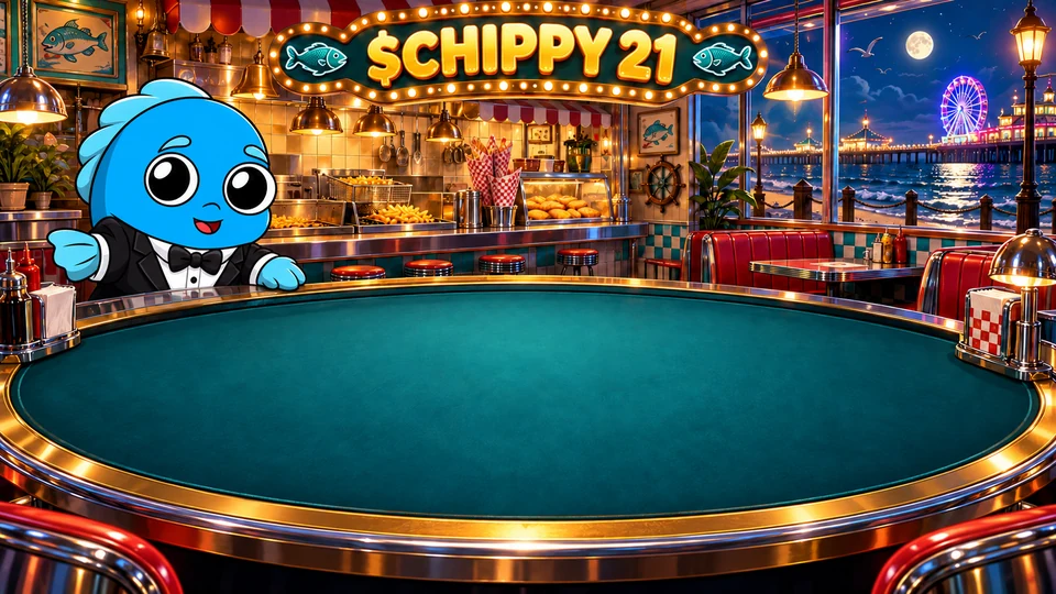 Chippy dealing blackjack at a glowing seaside diner table