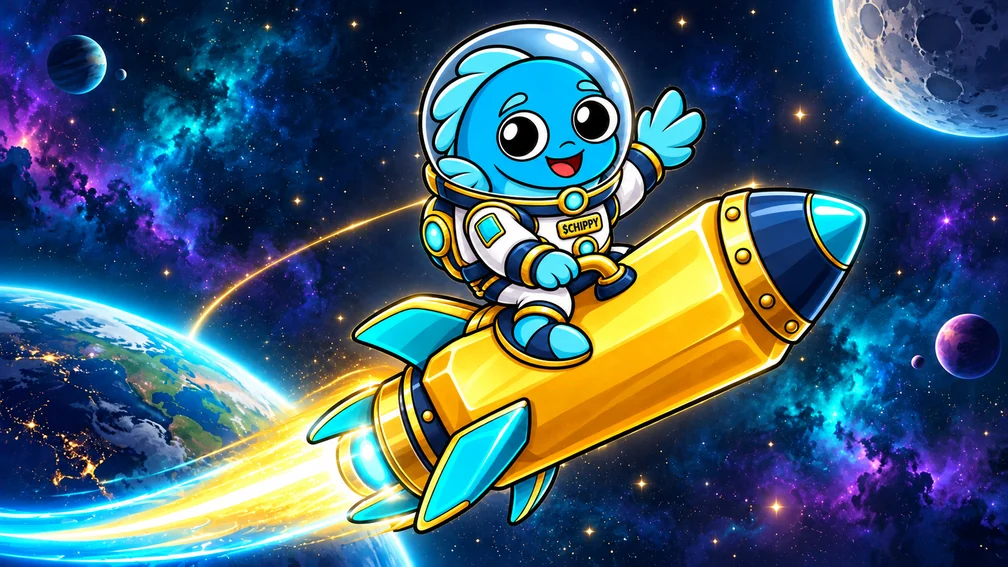 Round blue astronaut Chippy riding a golden chip rocket through deep blue space