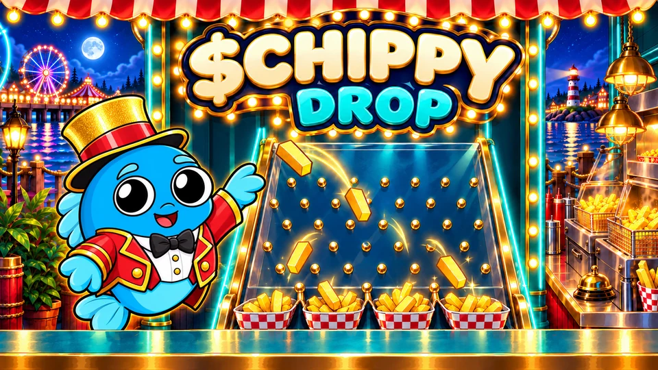 Chippy dropping golden chips through a glowing seaside arcade pegboard beneath the $CHIPPY Drop marquee
