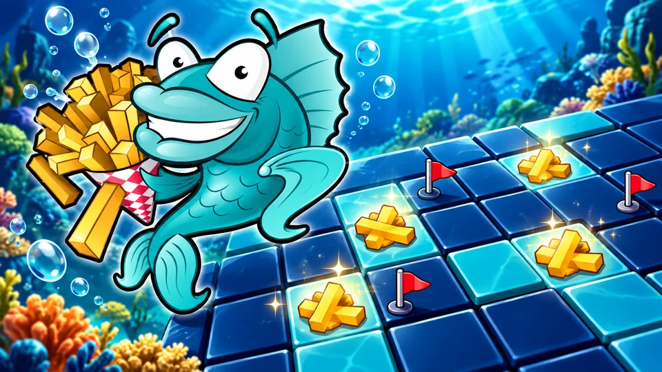 Chippy beside an underwater puzzle board with golden chips and little red flags