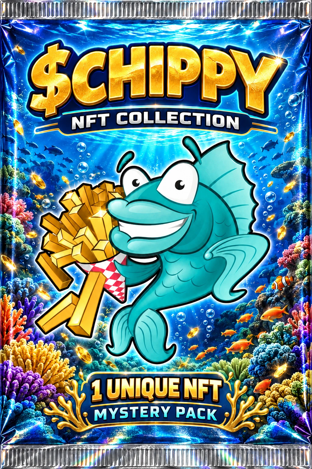 Sealed gold and blue Chippy NFT packet