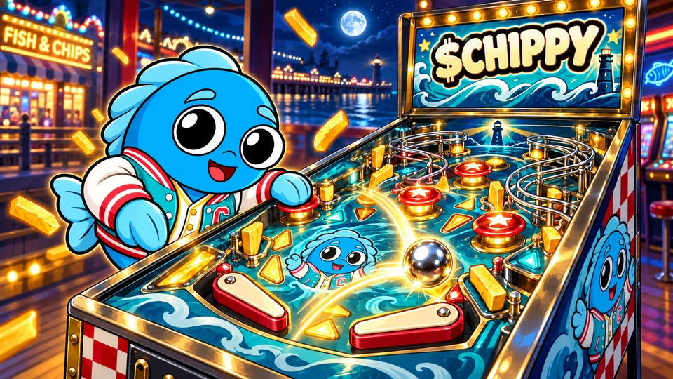Chippy playing a glowing seaside pinball machine with chrome ramps, bright bumpers and a flying silver ball