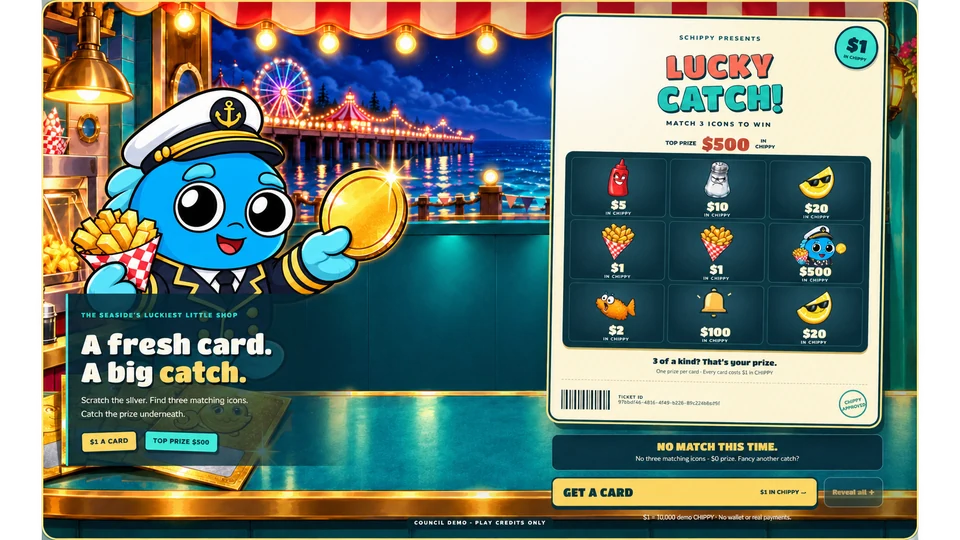 Chippy presenting a golden Lucky Catch scratch card at a colourful seaside chip-shop counter