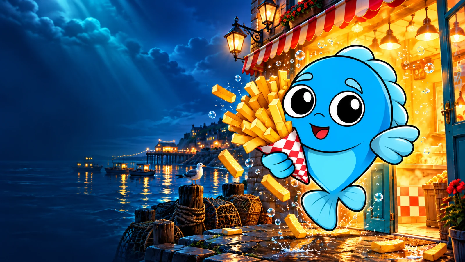 Chippy bursting with golden chips outside a glowing turquoise fish-and-chip shop